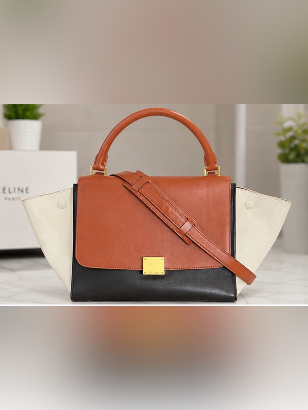 CELINE Trapeze Crossbody Orange Black White Colorblock 2-way Top Handle Satchel